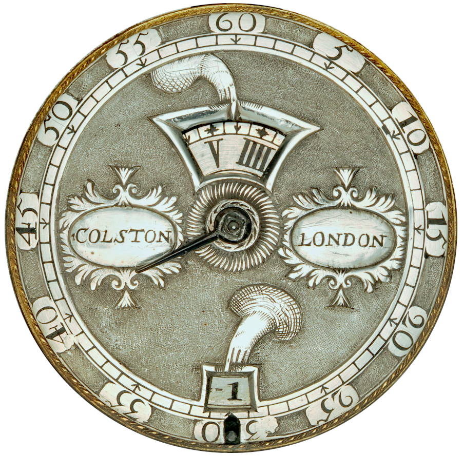 It’s a quarter to eight on this backlit Italian night clock dial from the late 17th century, with 'wandering hours' moving