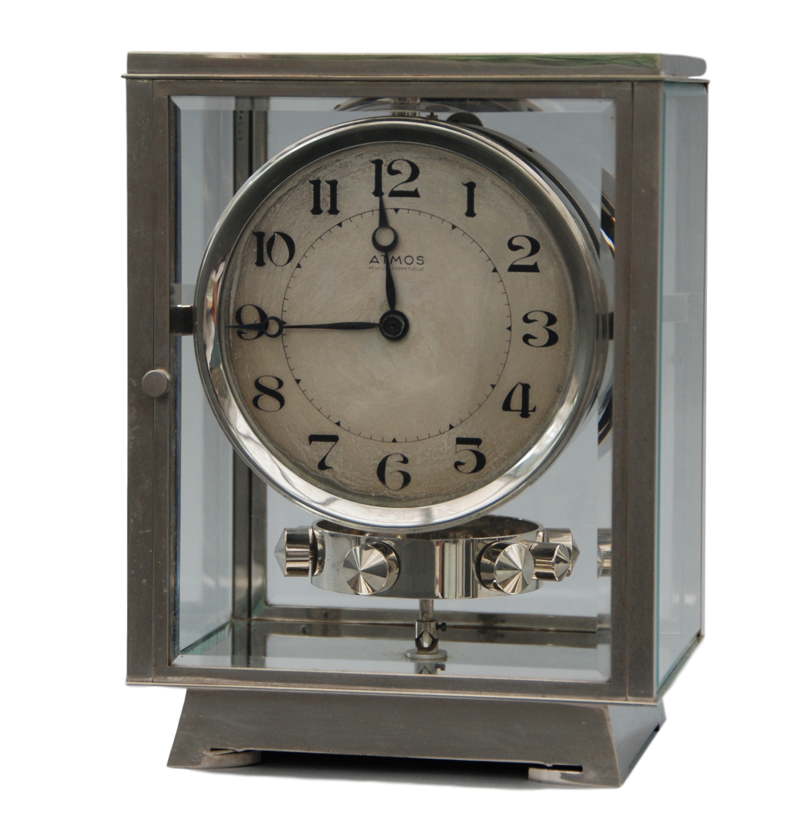 An early 1932 Rhodium plated art deco J. L. Reutter four-glass clock.
