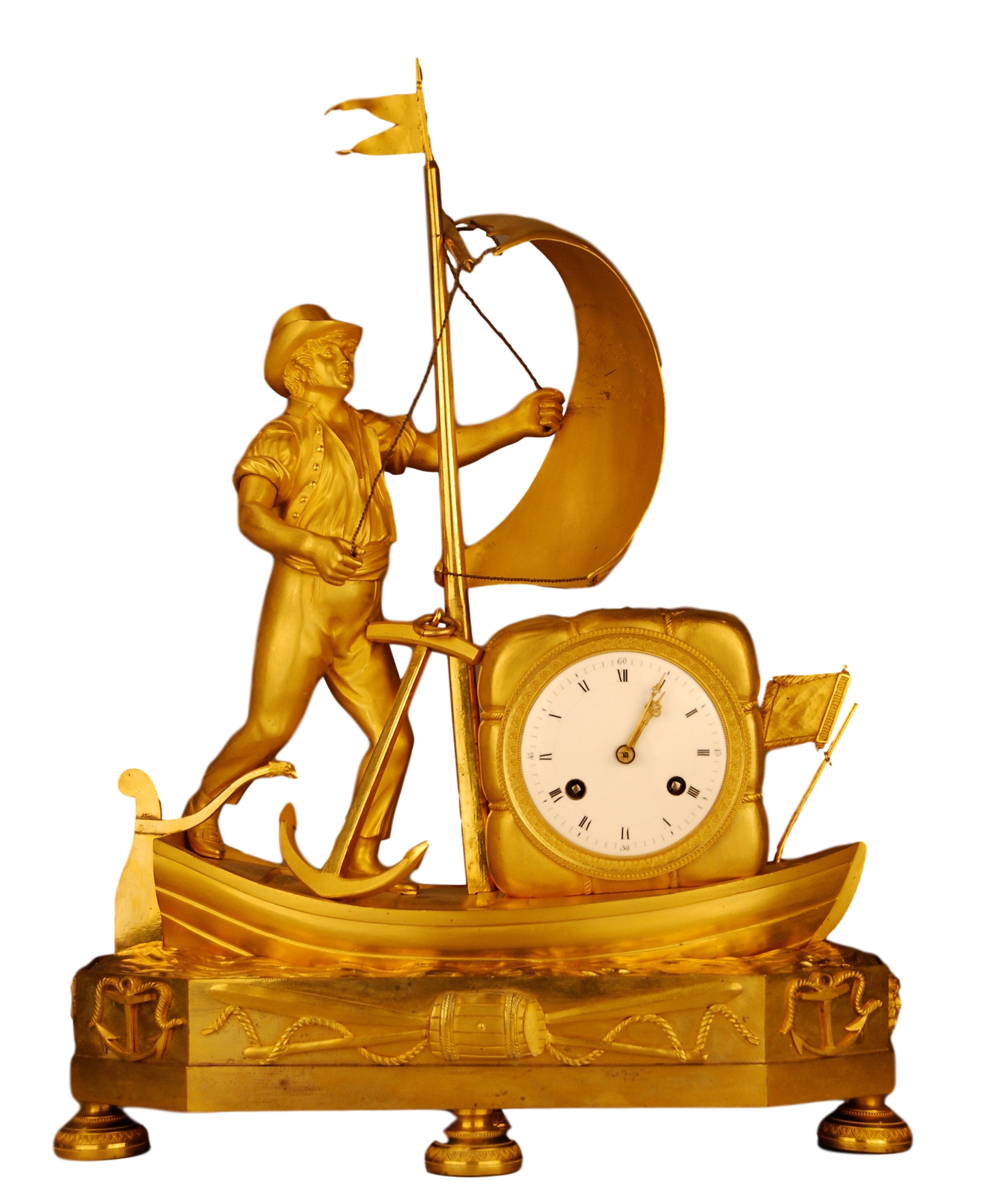 This antique gilt French Empire clock is from the rare group of clocks known as 'genre clocks' that often depicted everyday and amusing scenes from life and folklore.