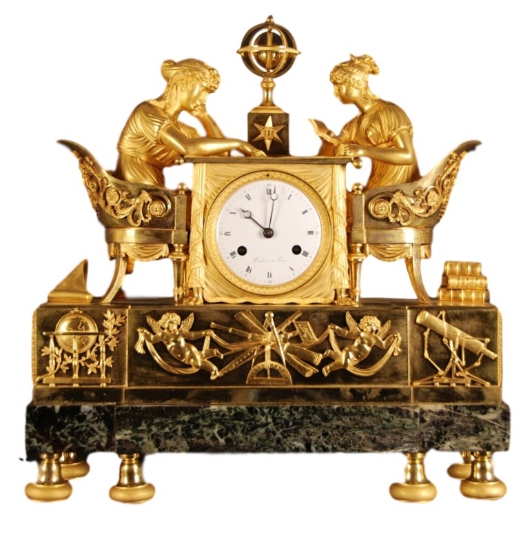 Beautiful Empire Mantel Timepiece ‘La leçon d’Astronomie’ signed 'Piolaine à Paris'.
