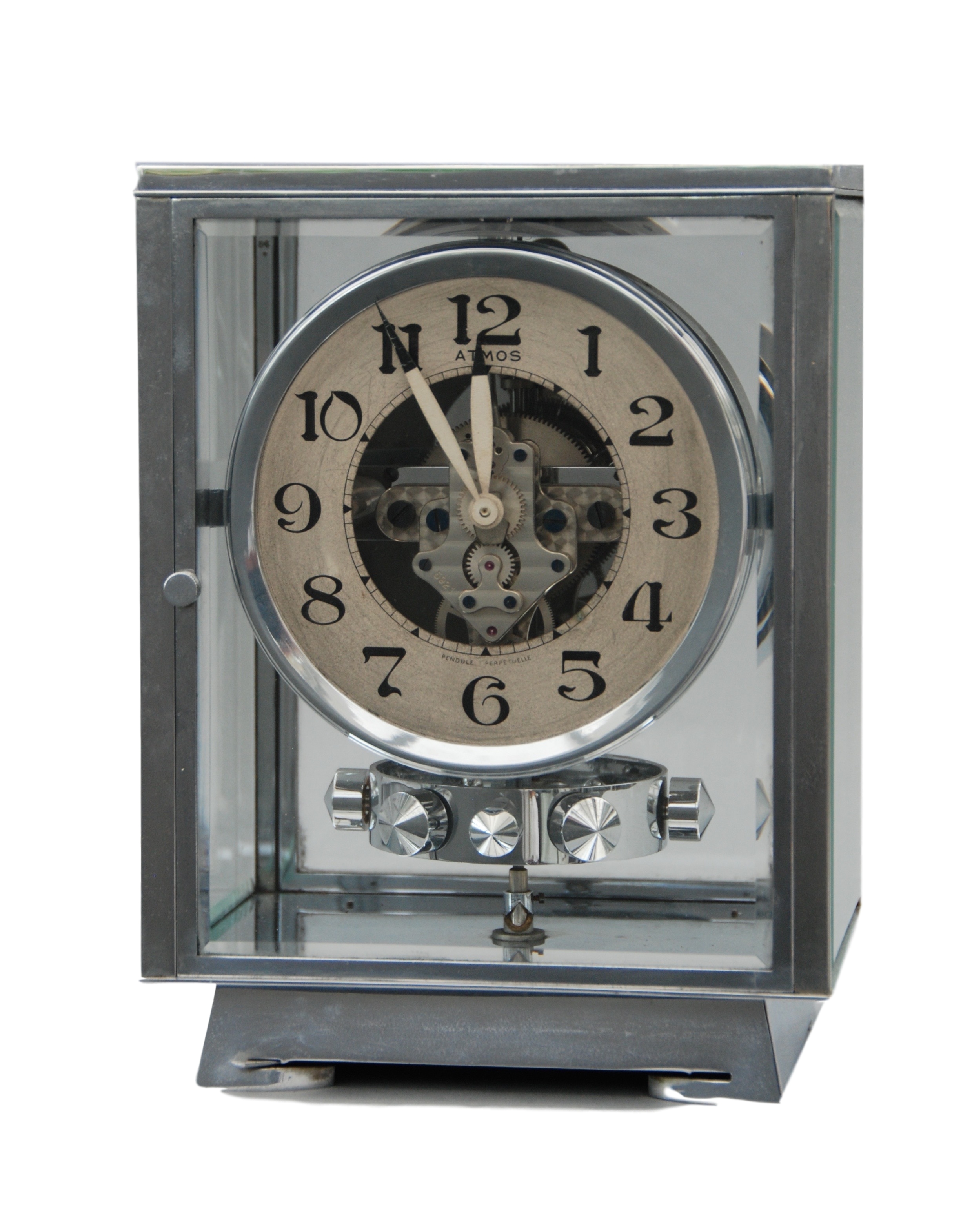 An early 1930's Rhodium plated art deco J. L. Reutter four-glass clock.