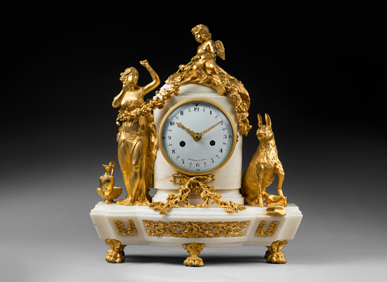 Louis-François-Amable Molliens
Rare White Marble and Gilt Bronze Mantel Clock 
“Cupid and Psyche” 
Paris, late Louis XVI period, circa 1785-1790
 
 