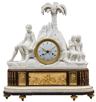 Dieudonné Kinable 
Important Gilt Bronze and Marble Mantel Clock
“Domingue, Paul and Virginie”
Paris, Directoire period, circa 1795 