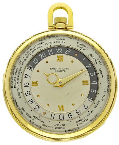 1946 18ct yellow gold 'World Time' pocket watch Ref: 605HU by Patek Philippe.